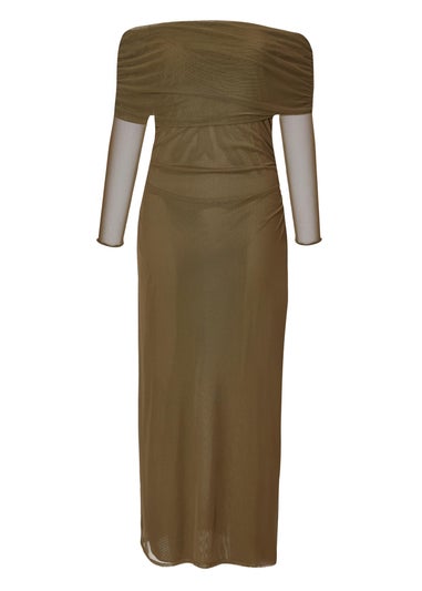 Quiz Khaki Mesh Bardot Ruched Midi Dress
