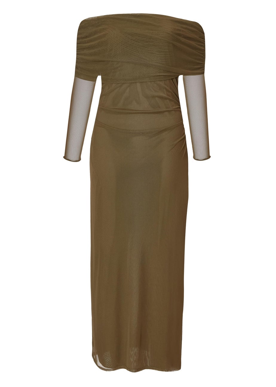 Quiz Khaki Mesh Bardot Ruched Midi Dress