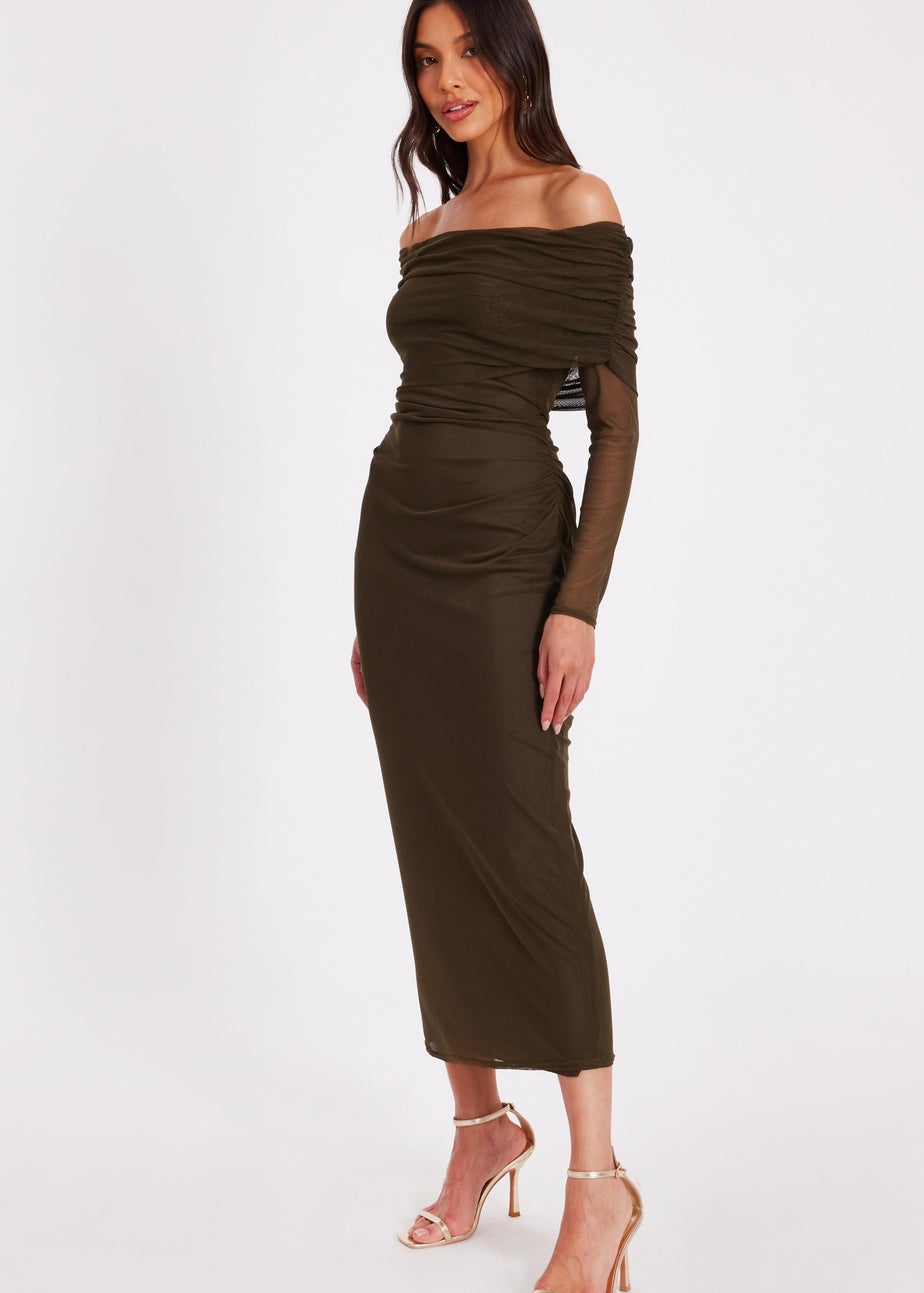 Quiz Khaki Mesh Bardot Ruched Midi Dress
