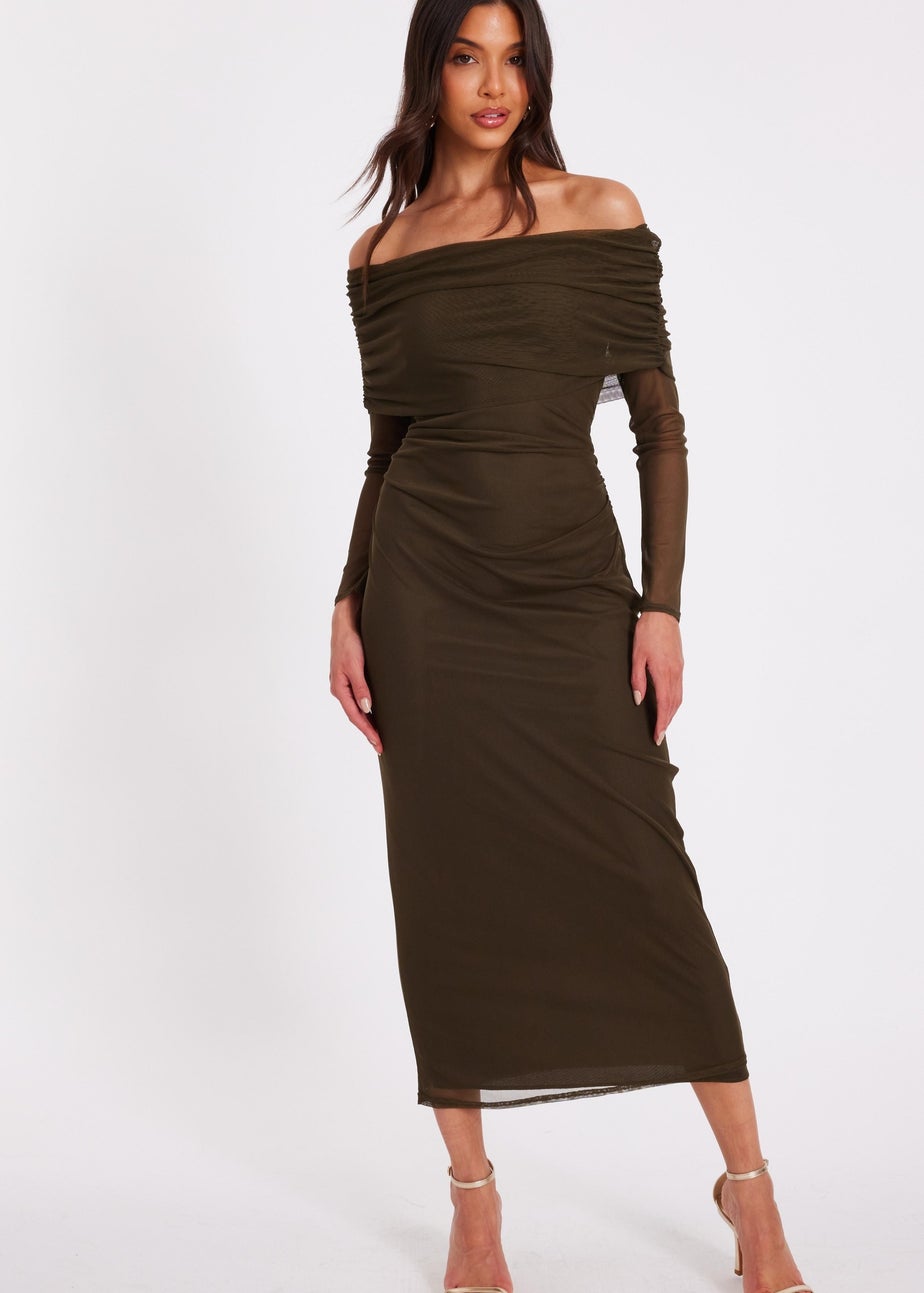 Quiz Khaki Mesh Bardot Ruched Midi Dress