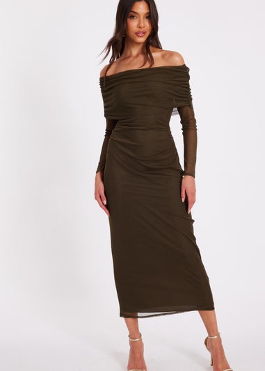 Quiz Khaki Mesh Bardot Ruched Midi Dress