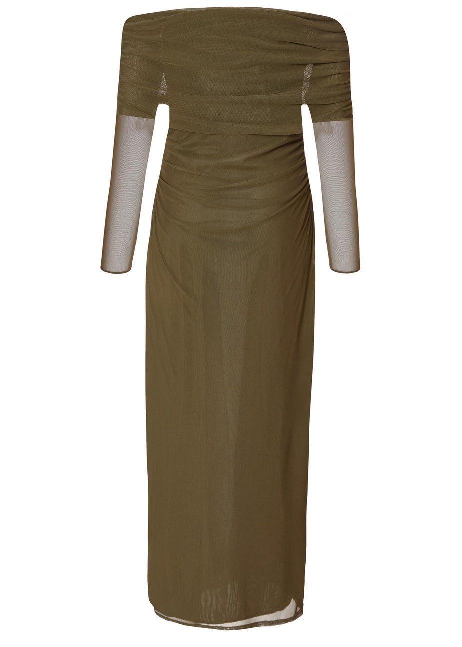 Quiz Khaki Mesh Bardot Ruched Midi Dress