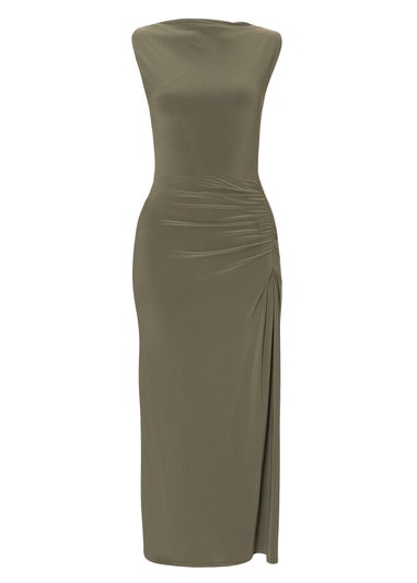 Quiz Khaki Petite Ruched Bodycon Midaxi Dress