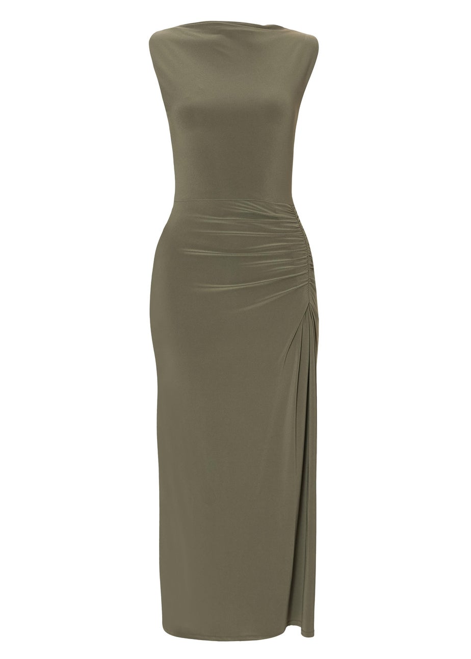 Quiz Khaki Petite Ruched Bodycon Midaxi Dress