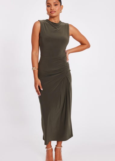 Quiz Khaki Petite Ruched Bodycon Midaxi Dress