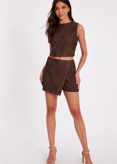 Quiz Brown Studded Faux Leather Top