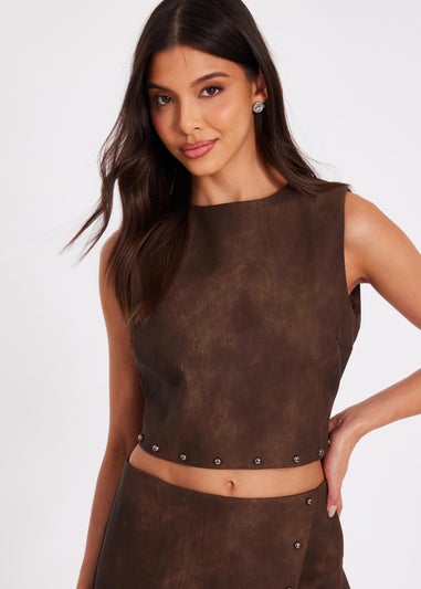 Quiz Brown Studded Faux Leather Top