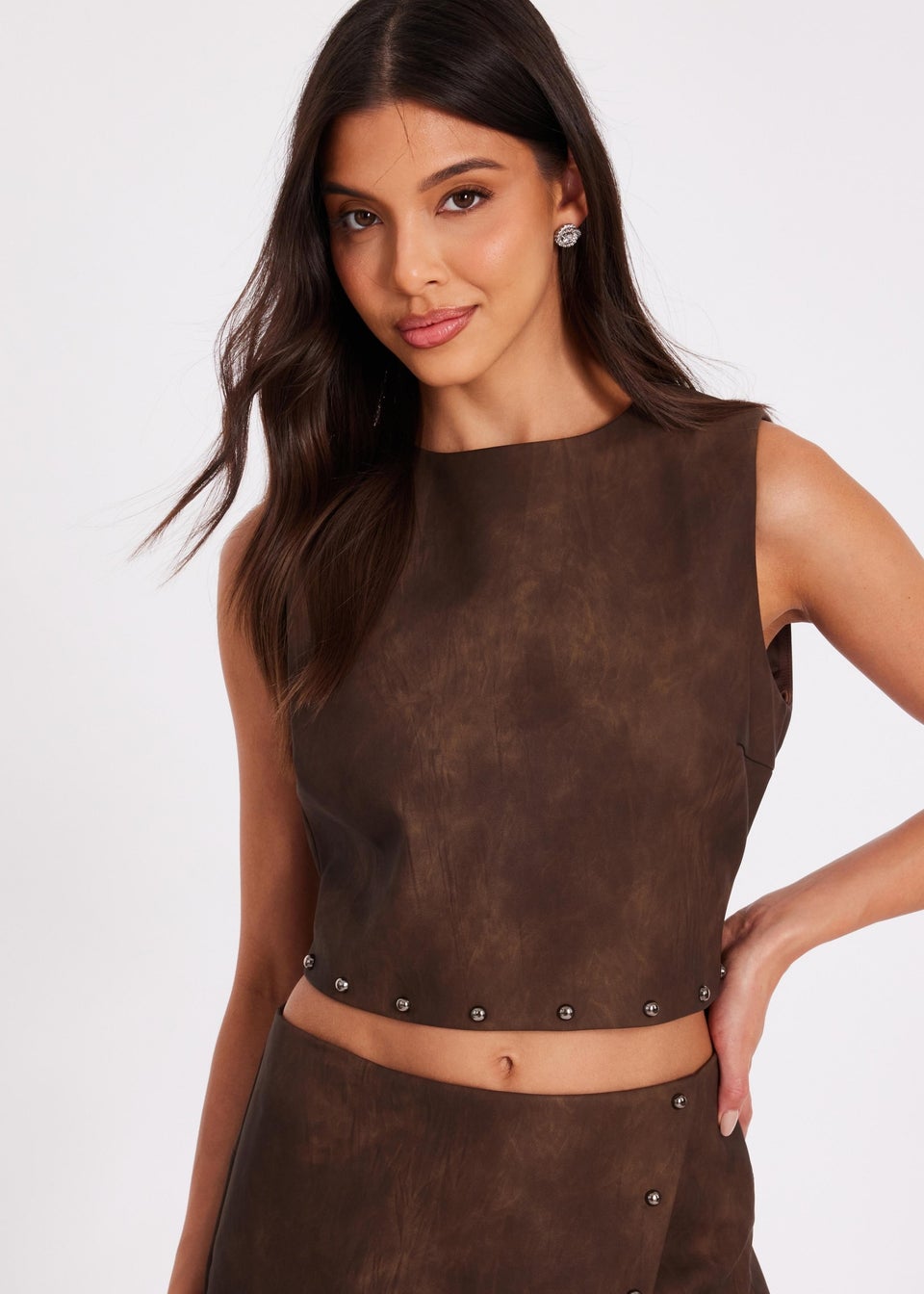 Quiz Brown Studded Faux Leather Top