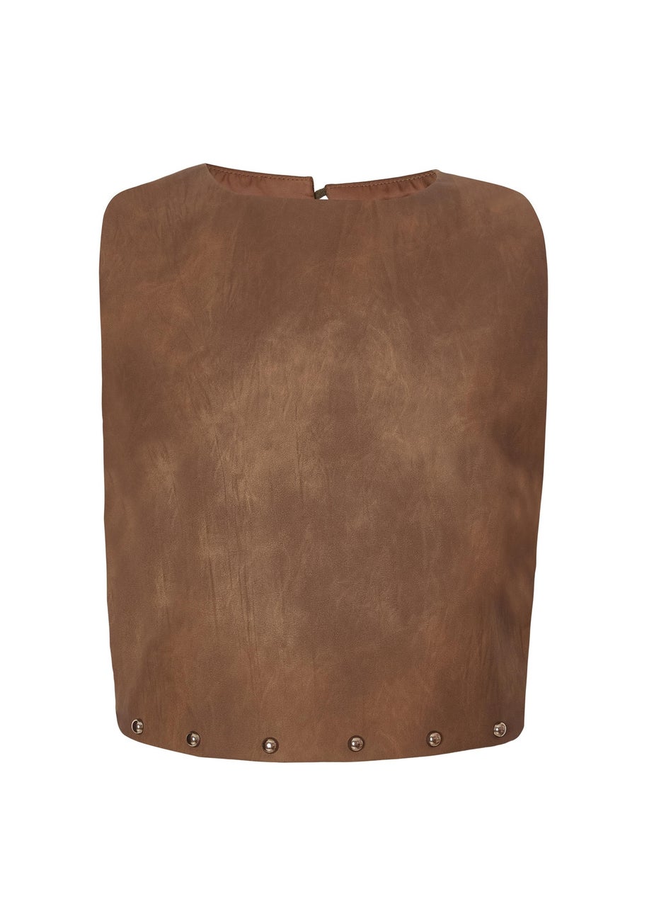 Quiz Brown Studded Faux Leather Top