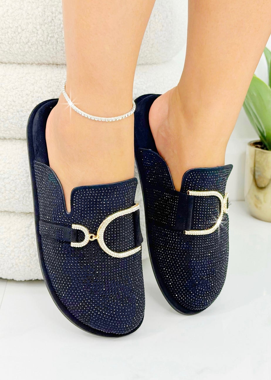 Love Lemonade Black Crystal Imperial Suede Slip On Clog Mules