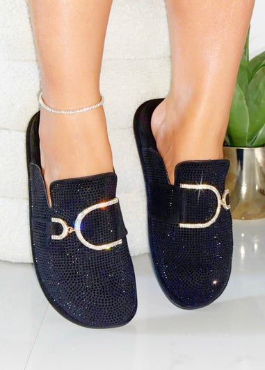 Love Lemonade Black Crystal Imperial Suede Slip On Clog Mules