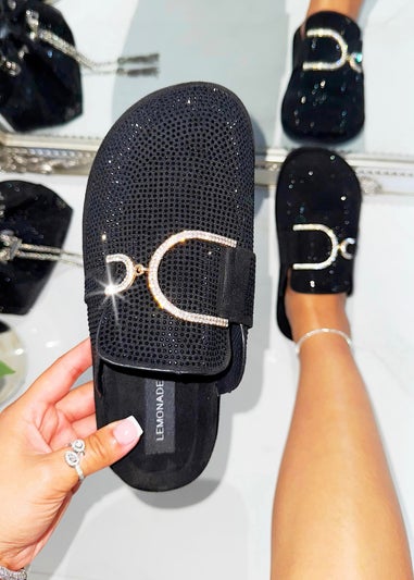 Love Lemonade Black Crystal Imperial Suede Slip On Clog Mules