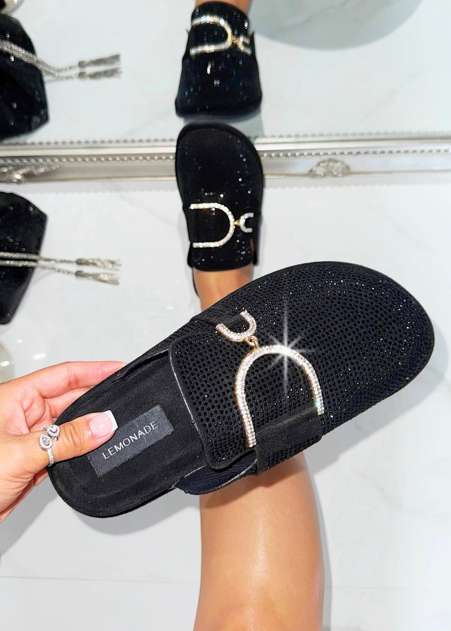 Love Lemonade Black Crystal Imperial Suede Slip On Clog Mules