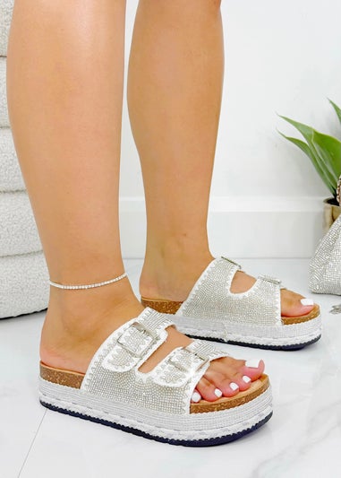 Love Lemonade Silver Crystal ZigZag Double Buckle Sliders