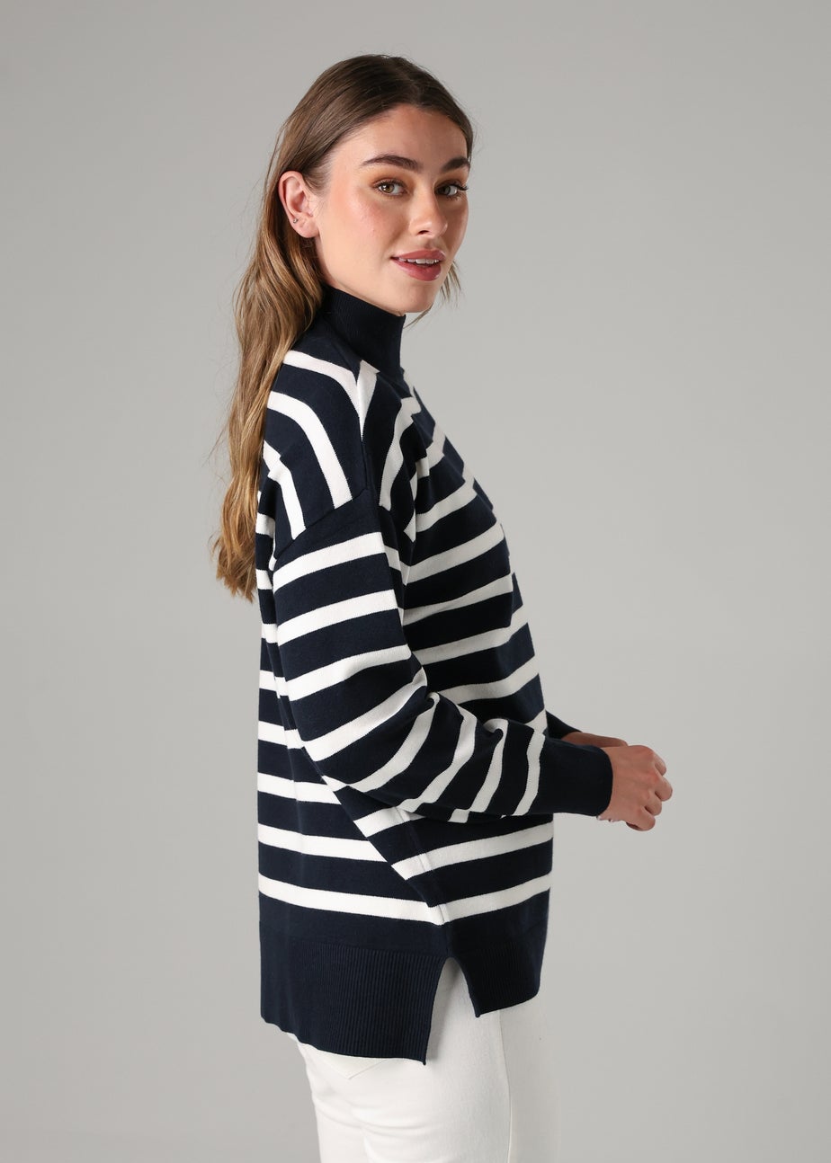 French Connection Navy Oversized High Neck Cosy Striped Long Sleeve Jumper