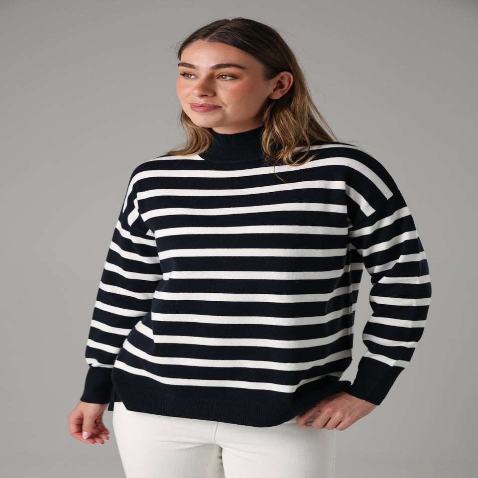 French Connection Navy Oversized High Neck Cosy Striped Long Sleeve Jumper