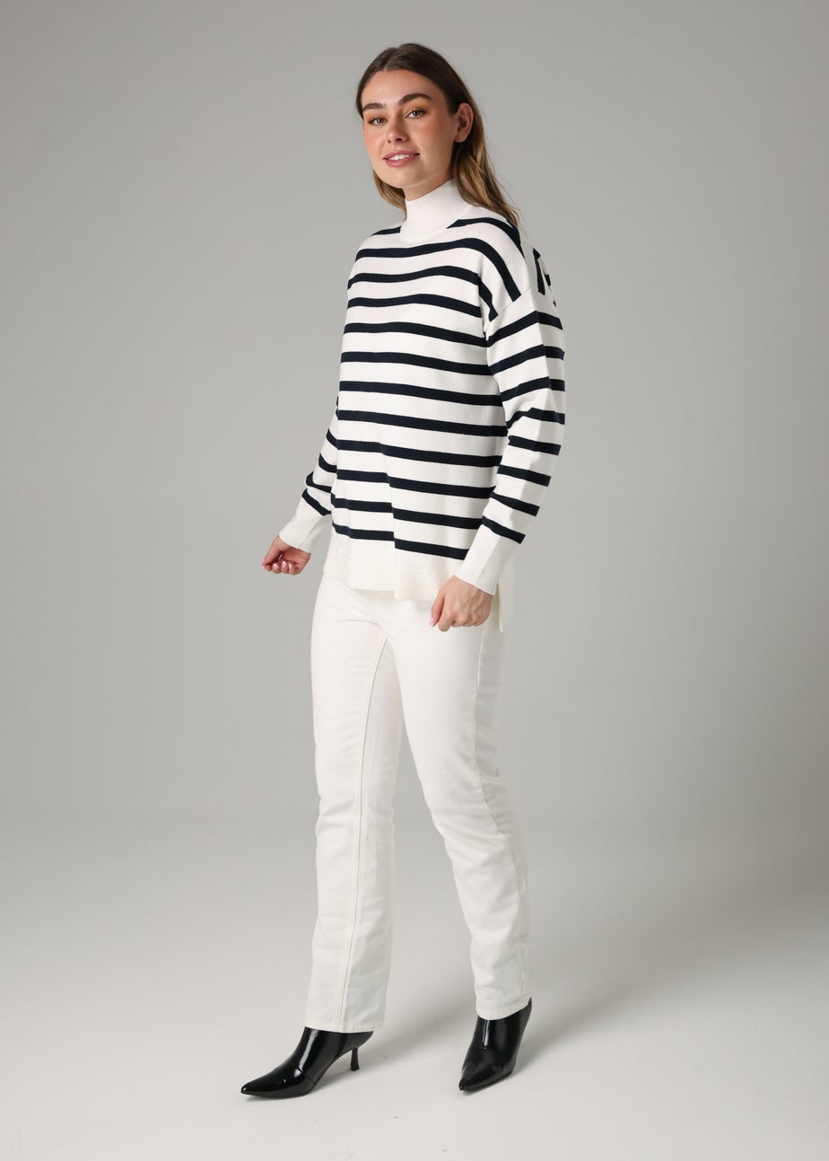 French Connection White Oversized High Neck Cosy Striped Long Sleeve Jumper