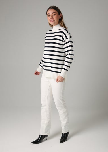 French Connection White Oversized High Neck Cosy Striped Long Sleeve Jumper