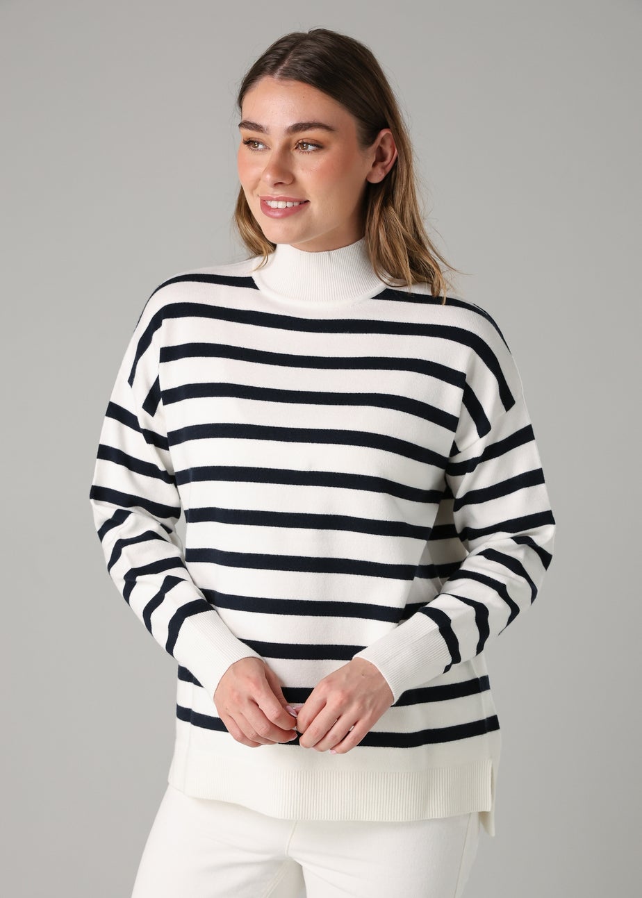 French Connection White Oversized High Neck Cosy Striped Long Sleeve Jumper