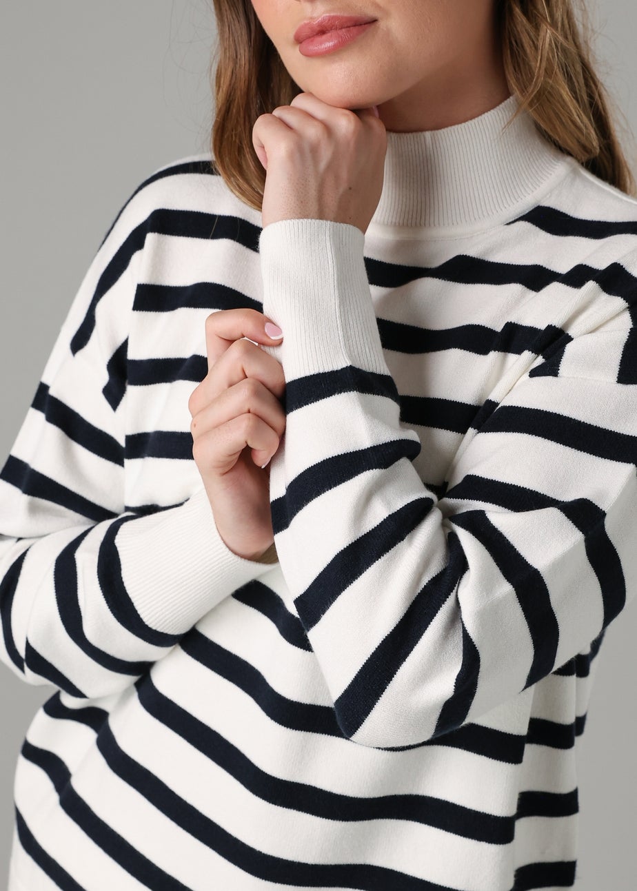 French Connection White Oversized High Neck Cosy Striped Long Sleeve Jumper