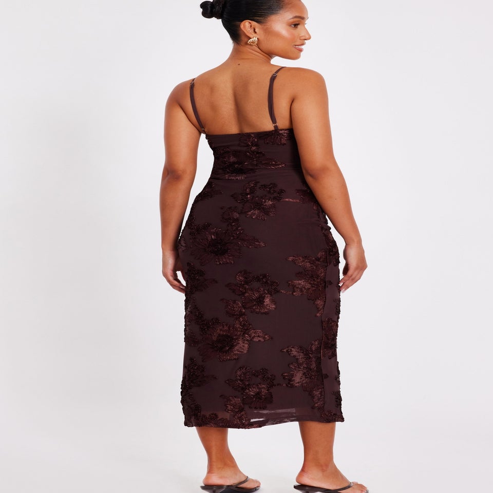Quiz Brown Petite Floral Applique Midaxi Dress
