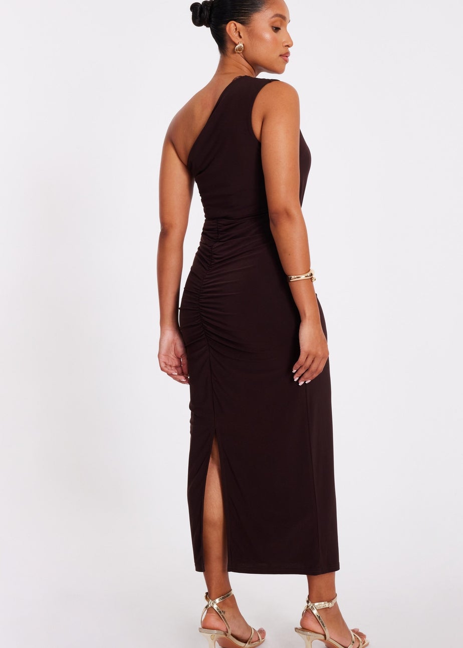 Quiz Brown Petite One Shoulder Ruched Dress
