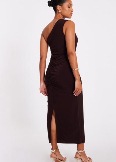Quiz Brown Petite One Shoulder Ruched Dress