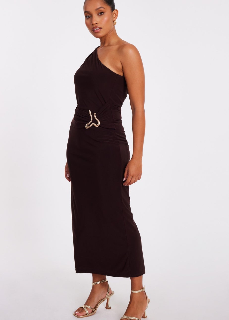 Quiz Brown Petite One Shoulder Ruched Dress