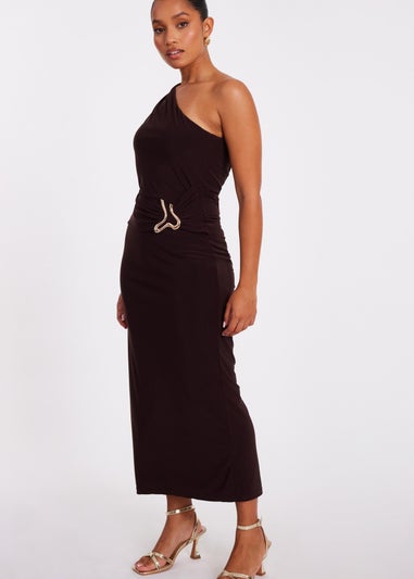 Quiz Brown Petite One Shoulder Ruched Dress