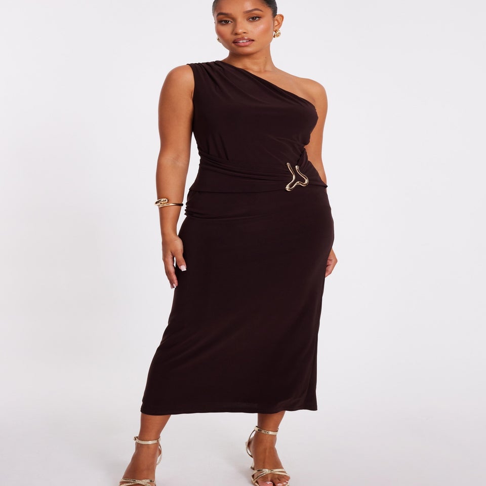 Quiz Brown Petite One Shoulder Ruched Dress