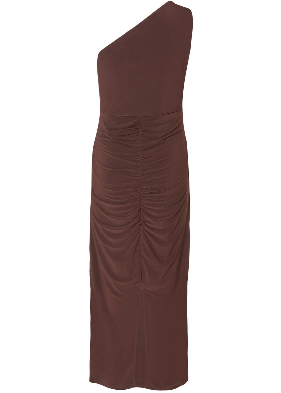 Quiz Brown Petite One Shoulder Ruched Dress