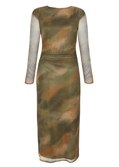 Quiz Khaki Petite Printed Long Sleeve Midaxi Dress