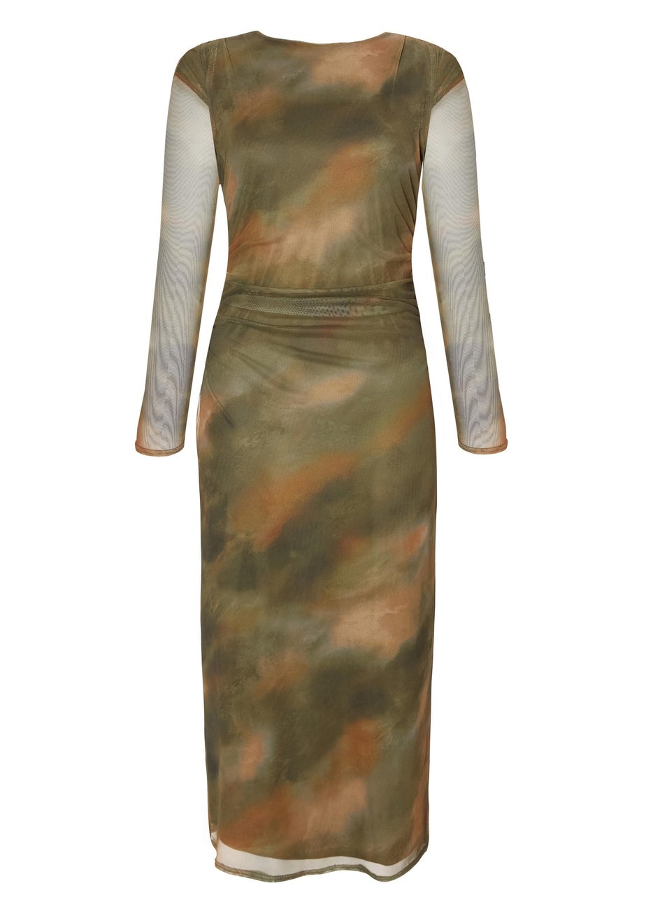 Quiz Khaki Petite Printed Long Sleeve Midaxi Dress