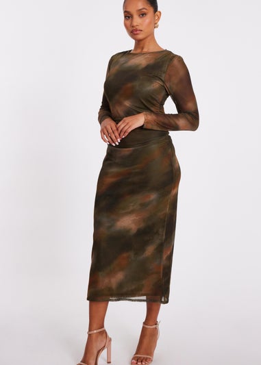 Quiz Khaki Petite Printed Long Sleeve Midaxi Dress