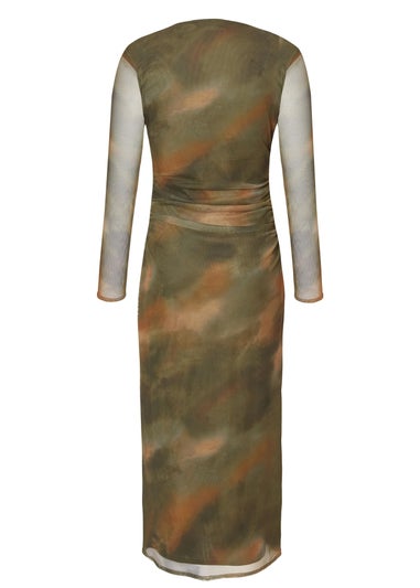 Quiz Khaki Petite Printed Long Sleeve Midaxi Dress