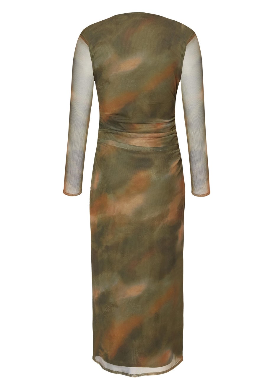 Quiz Khaki Petite Printed Long Sleeve Midaxi Dress