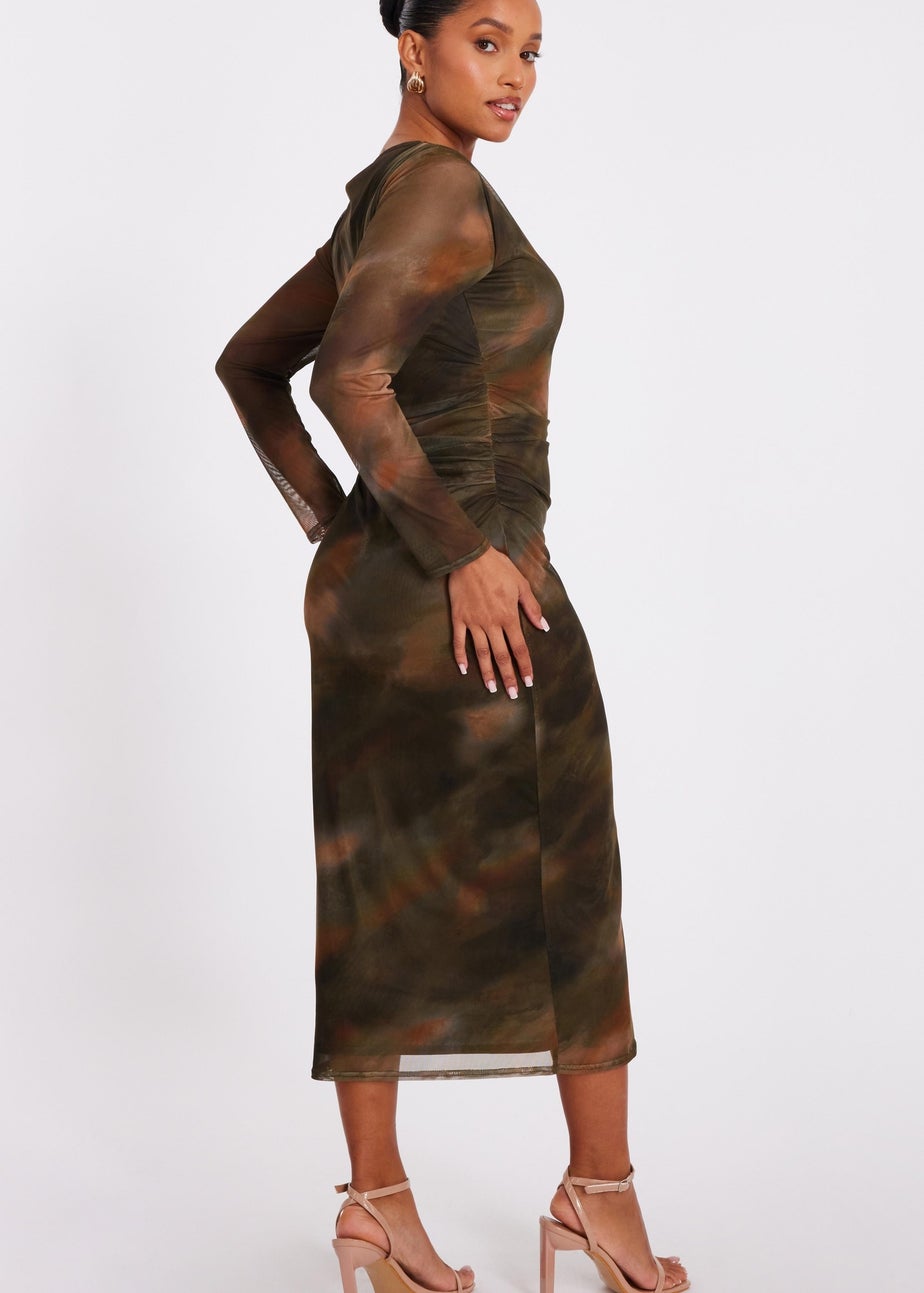 Quiz Khaki Petite Printed Long Sleeve Midaxi Dress