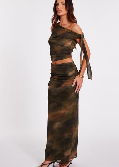 Quiz Khaki Mesh Ruched Midaxi Skirt