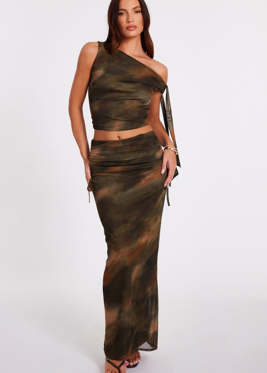 Quiz Khaki Mesh Ruched Midaxi Skirt