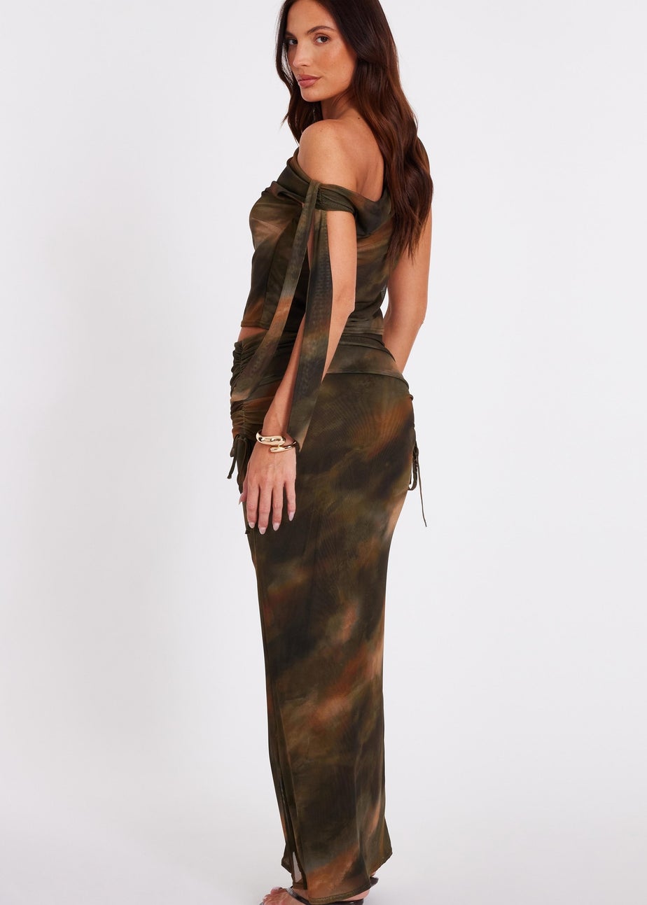 Quiz Khaki Mesh Ruched Midaxi Skirt