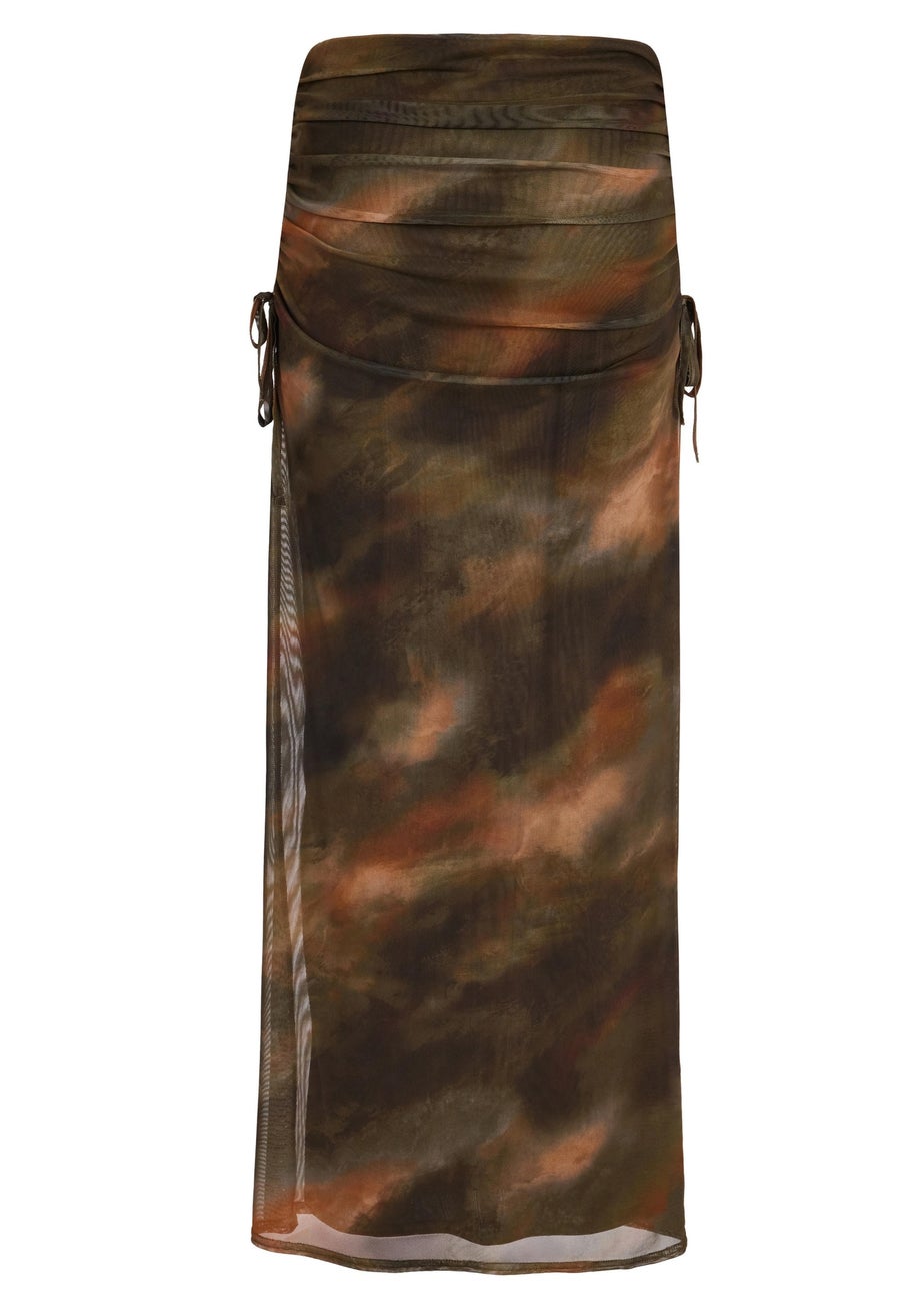 Quiz Khaki Mesh Ruched Midaxi Skirt