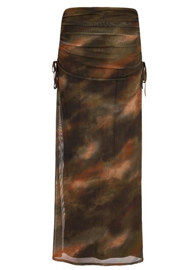 Quiz Khaki Mesh Ruched Midaxi Skirt