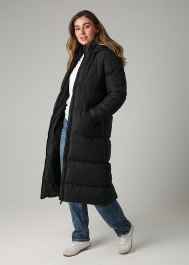 French Connection Black Longline Quilted Puffer Jacket With Hood