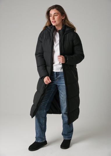 French Connection Black Longline Quilted Puffer Jacket With Hood