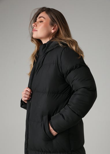 French Connection Black Longline Quilted Puffer Jacket With Hood
