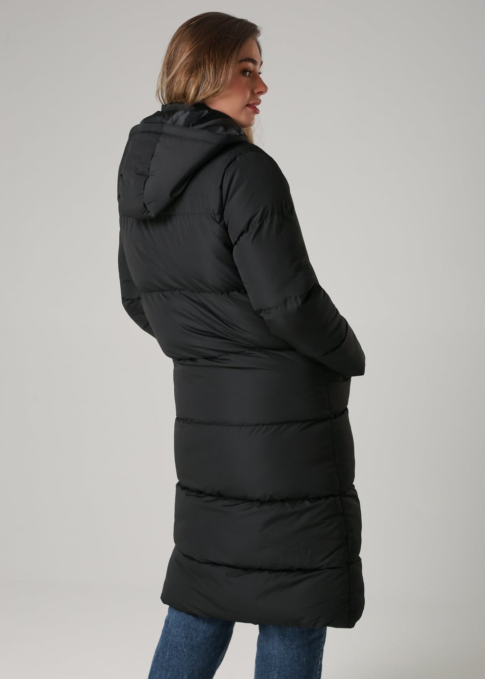 French Connection Black Longline Quilted Puffer Jacket With Hood