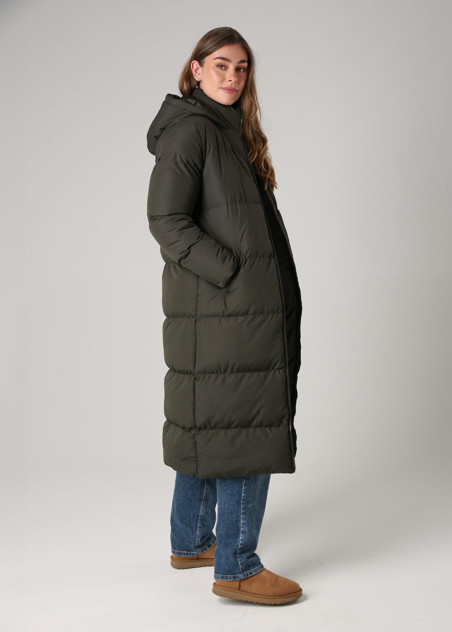 French Connection Khaki Longline Quilted Puffer Jacket With Hood