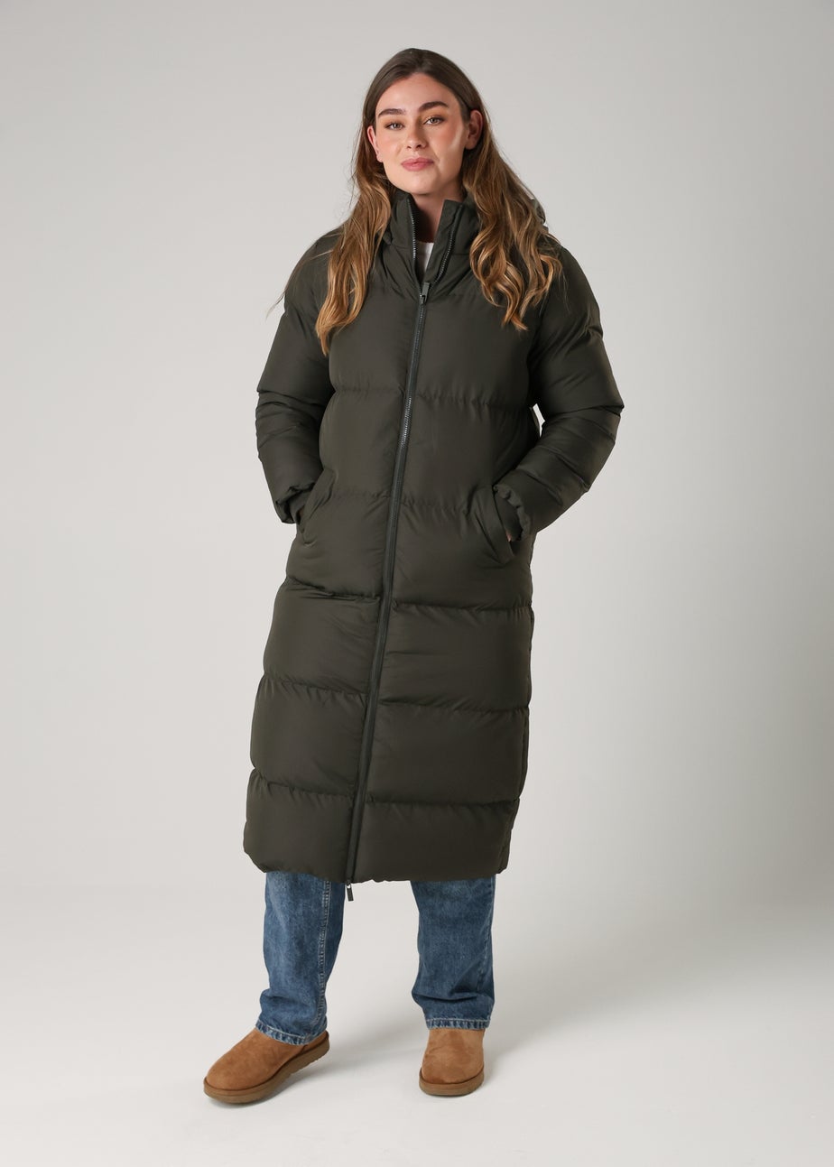 French Connection Khaki Longline Quilted Puffer Jacket With Hood
