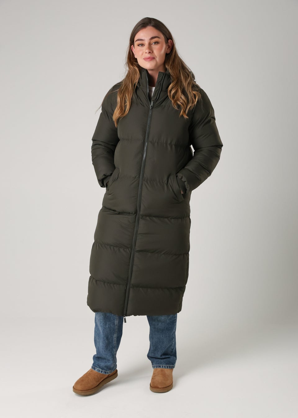 French Connection Khaki Longline Quilted Puffer Jacket With Hood