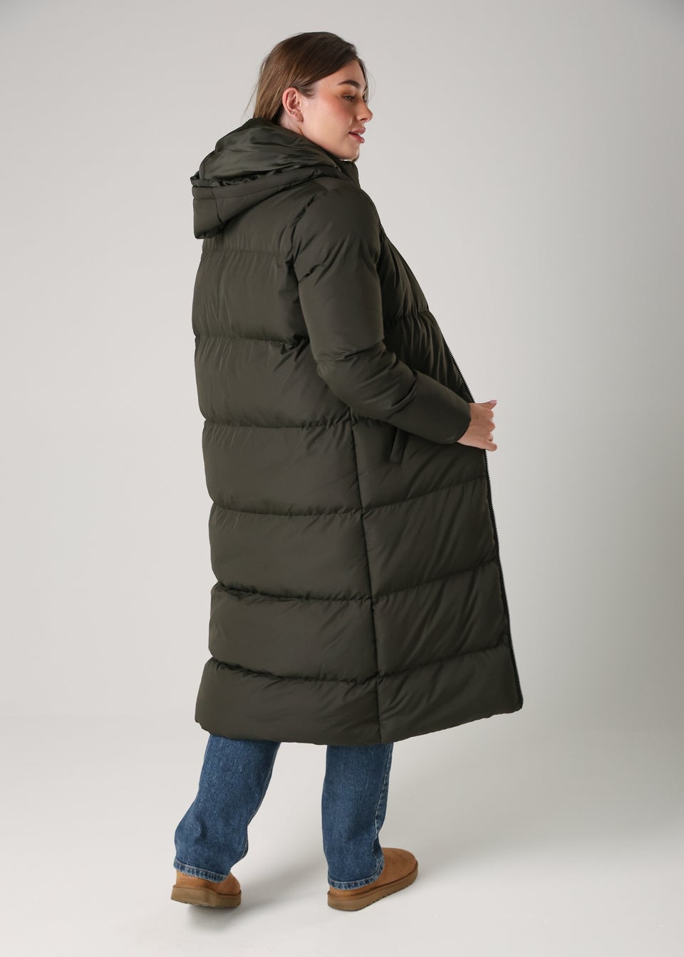 French Connection Khaki Longline Quilted Puffer Jacket With Hood
